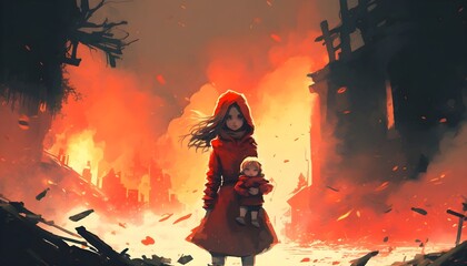 Obraz na płótnie Canvas young mother in red coat carrying her baby standing in the burning city, digital art style, illustration painting, Generative AI
