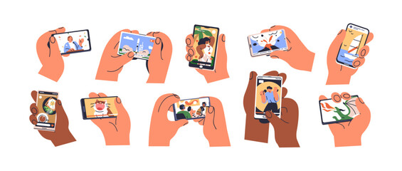 Watching videos online on mobile phone screen. Hand holding smartphone with movies, news media, social network story, series, podcast set. Flat graphic vector illustration isolated on white background - obrazy, fototapety, plakaty