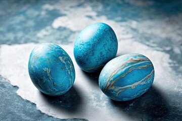 Cadbury eggs. Easter eggs that have been dyed in a rustic style with a blue tint and a marble stone effect on a light grey stone backdrop. Background of Easter. looking up. Generative AI