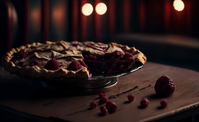 Rustic Style Raspberry Pie on a Wooden Table . Generative AI.