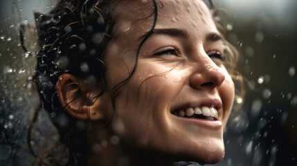 happy young woman laughing while getting wet under rain shower. generative AI