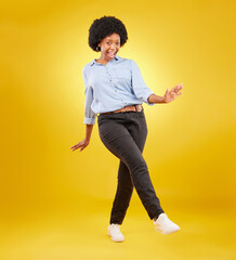 Dance, excited and happy black woman on yellow background with motivation, dancing and smile. Winner mockup, wow portrait and isolated full body of girl for freedom, winning and success in studio