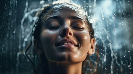 happy young woman laughing while getting wet under rain shower. generative AI