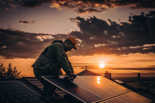 Worker installing solar panels. Solar panel. generate by ai
