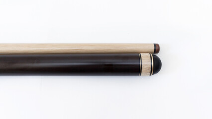 Billiard cues on a white background. Parts of a billiard cue close-up. Live photos of a billiard cue