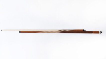 Fototapeta premium Billiard cues on a white background. Parts of a billiard cue close-up. Live photos of a billiard cue