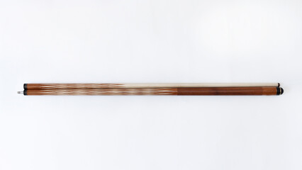 Billiard cues on a white background. Parts of a billiard cue close-up. Live photos of a billiard cue