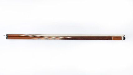 Billiard cues on a white background. Parts of a billiard cue close-up. Live photos of a billiard cue