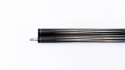 Billiard cues on a white background. Parts of a billiard cue close-up. Live photos of a billiard cue