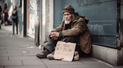 a beggar and homeless man sits on the pavement in the city with a cardboard sign. generative AI 