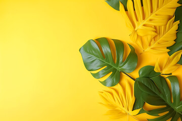 Fototapeta premium Collection of Green Tropical leaves Foliage plant in color with space in Yellow Background. -Energetic, refreshing, atmospheric, mood, abstract, minimalist, simple, versatile.