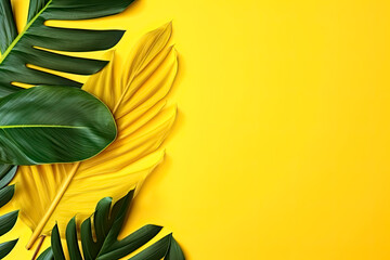 Fototapeta na wymiar Collection of Tropical leaves Foliage plant in color with space in Yellow Background. -Energetic, refreshing, atmospheric, mood, abstract, minimalist, simple, versatile.
