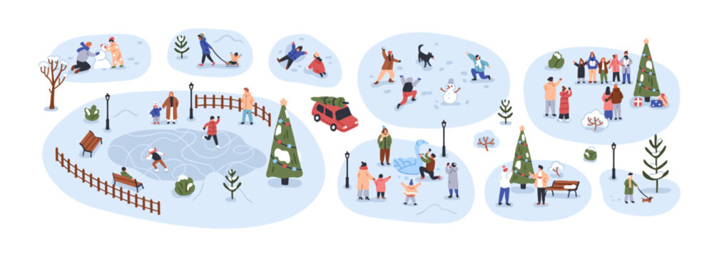 Winter activities and funs set. Happy active people on Christmas holiday. Families, kids at wintertime leisure, playing snowball, skating outdoor. Flat vector illustration isolated on white background