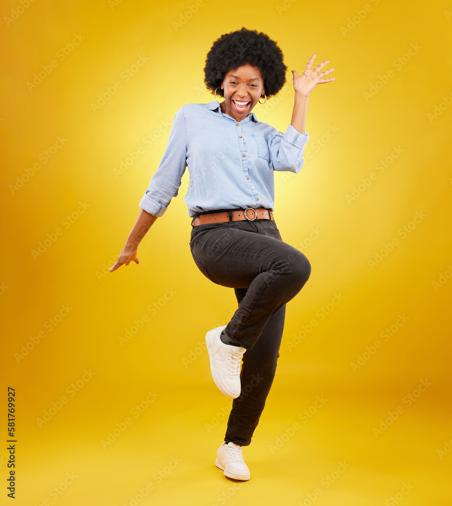 Sticker Happy, excited and portrait of black woman on yellow background with energy, happiness and smile in studio. Winner mockup, celebration and isolated girl pose for deal announcement, sale and success