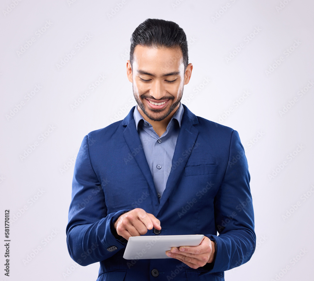 Poster asian man, business and tablet in studio for communication and network connection. happy male model 
