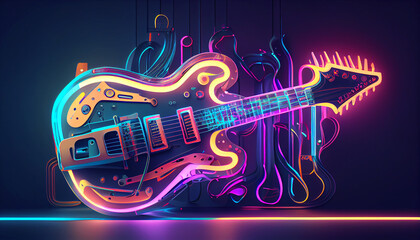 Obraz na płótnie Canvas high-tech futuristic electric guitar cyberpunk style illuminated with neon lights. Abstract background. Generative AI