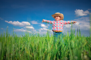 Little farmer boy with straw hat in a green wheat field. Agriculture and farming concept.