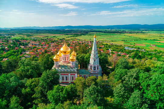 Shipka Memorial Russian Church, town of Shipka, Bulgaria, aerial drone view