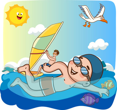 children swimming in the sea in summer cartoon vector