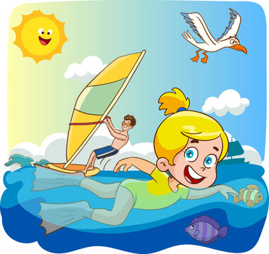 children swimming in the sea in summer cartoon vector