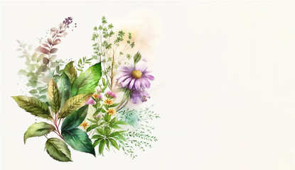 Top view, alternative medicine natural herbal remedies, flowers. Homeopathic ingredient and natural medicines on Light background. Generated AI