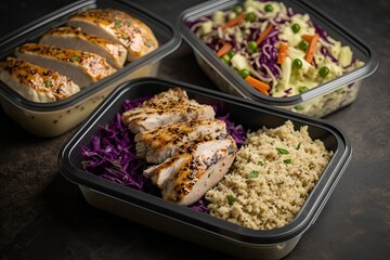 Healthy meal prep containers with quinoa, chicken and cole slaw. Generative AI
