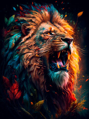 Illustration of powerful lion with impressive mane and sharp teeth.AI generated.