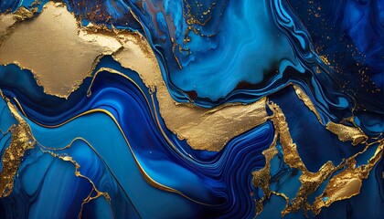 Abstract wavy blue marble background with golden. Generative Ai