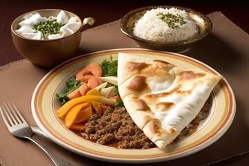 Arabian cuisine from Manakish; cuisine from Lahme Bajeen Manouche in Lebanon; pita with meat, vegetables, and yogurt. Generative AI