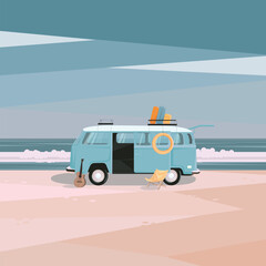 Blue bus, near the sea. A good day for a trip. Vector illustration. Can be used as a print