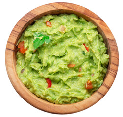 Guacamole bowl on white background. Top view. File contains clipping path.