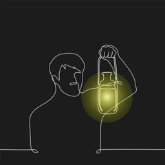 man in darkness holding vintage lantern with flame - one line drawing vector. the concept vintage light