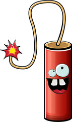 Obraz premium Cartoon burning dynamite characters isolated on white background. Funky red dynamite character with eyes and mouth. Vector bomb clip art, emoji, label and sticker