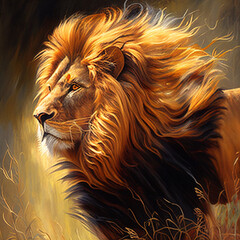 Naklejka premium Oil Painting of Majestic Lion Generative AI