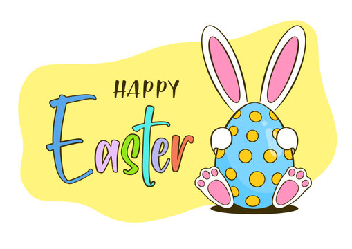 Easter greeting card. Colorful Easter egg with bunny. Happy Easter colorful lettering. Cartoon. Vector illustration. Isolated on white background	