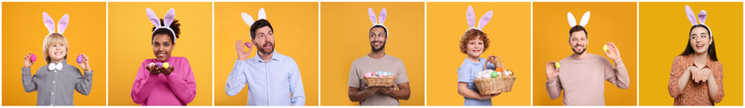 Easter celebration. Collage with photos of people in bunny ears headbands on orange background