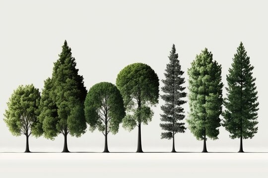 Trees in a row, both green and pine like, isolated on a translucent background. very good mask with no unwelcome edges. For professional digital composition, use high resolution. Generative AI
