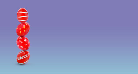 Stack of bright Easter eggs on blue purple gradient background, space for text