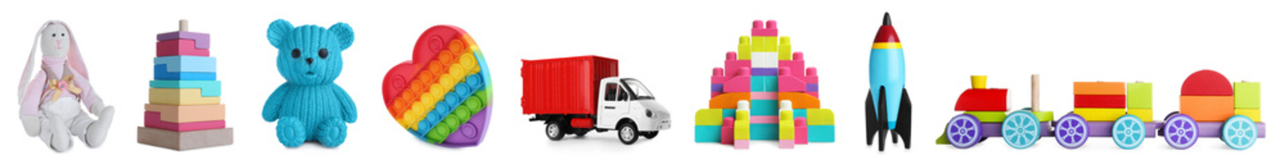 Obraz premium Collage with many different toys on white background
