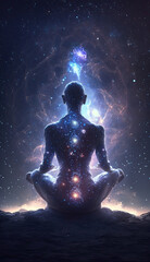 Fototapeta na wymiar Yoga concept with back view man sitting in lotus pose against starry sky background AI generated