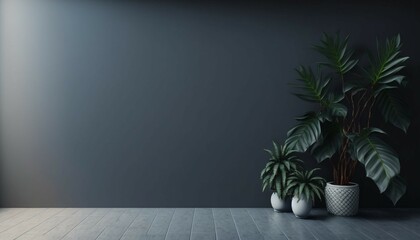 Dark Wall Empty Room with Plants on a Floor - Wall Mockup Template for Logo and Poster