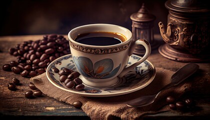 Fototapeta premium Coffee Cup with beans on vintage table