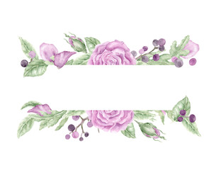 Dusty Purple Roses with Privet Berries and Leaves Arranged in a Lovely Frame. Romantic Floral Watercolor Frame for Invitations, Postcards and other Stationery 