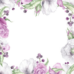 Assorted White Poppy Flowers and Dusty Purple Roses with Berries and Leaves Arranged in a Beautiful Frame. Romantic Floral Watercolor Frame for Invitations, Postcards and other Stationery 