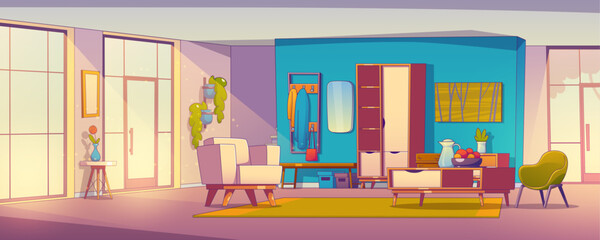 Contemporary home hallway interior design. Vector cartoon illustration of scandinavian style house corridor and living room with cozy armchairs, fruit on table, mirror and hanger on wall, large window © klyaksun