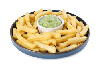 Plate with delicious french fries and avocado dip isolated on white