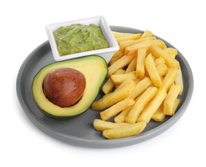 Plate with delicious french fries and avocado dip isolated on white