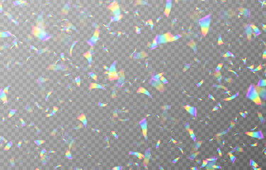 Vector holographic confetti on an isolated transparent background. Shiny confetti png. Rainbow confetti falling from the sky png. Serpentine, tinsel, png. - obrazy, fototapety, plakaty