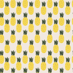 A seamless pattern of pineapples with green leaves on a light background.