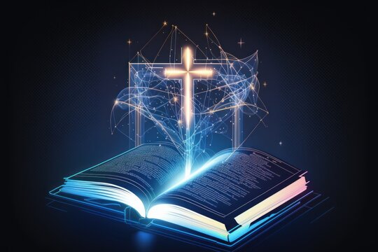 Open book with glowing cross on dark blue background. Religious concept. Generative AI